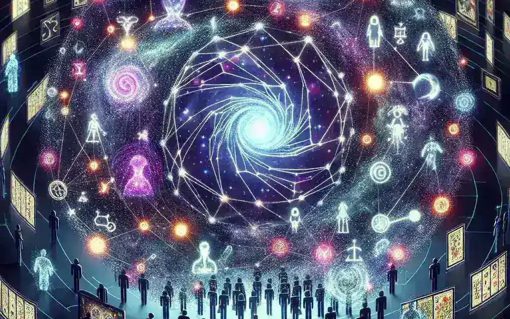 "Astrology social platforms using AI technology to create personalized daily tarot star chart combinations, showcasing a vibrant tarot card spread with astrological symbols and digital interface elements."