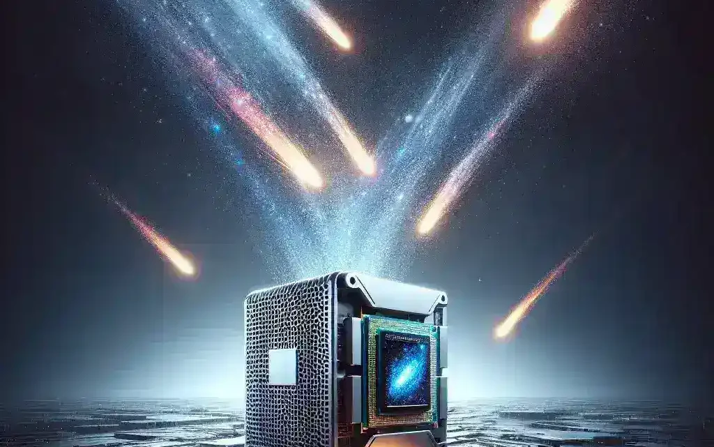 "GMK Mini PC featuring Meteor Lake Processor displayed on a sleek desk, showcasing innovative design and advanced technology for high-performance computing in compact form."