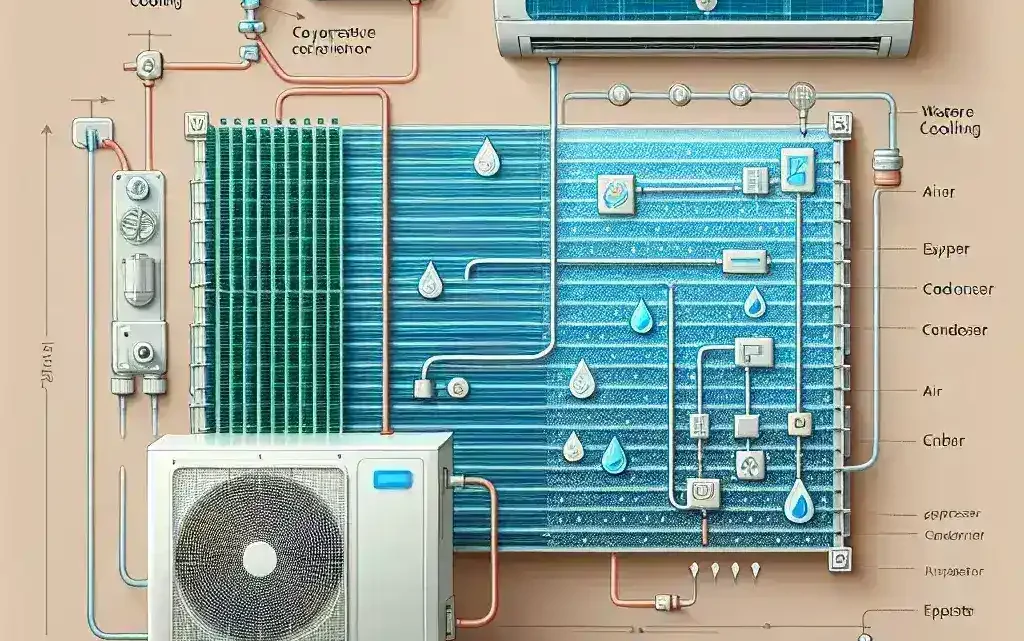 "Comparison of evaporative cooling system and traditional air conditioning unit highlighting energy efficiency and environmental benefits in residential settings"