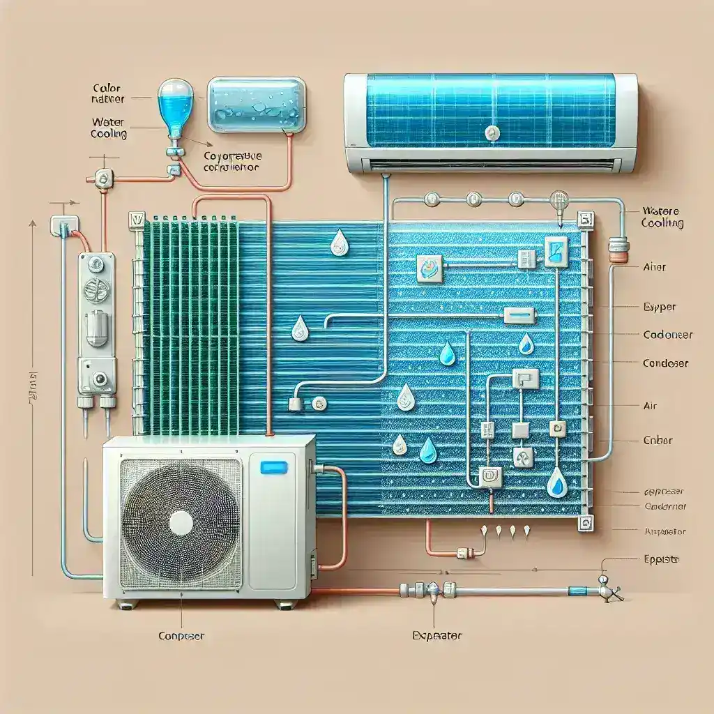 "Comparison of evaporative cooling system and traditional air conditioning unit highlighting energy efficiency and environmental benefits in residential settings"