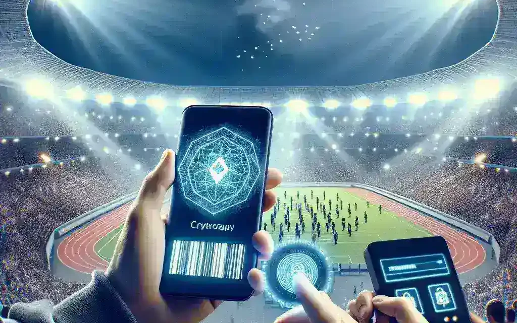 "Stadium attendees using mobile devices to access ticketing information, showcasing on-device ticket cryptography technology aimed at reducing barcode fraud."