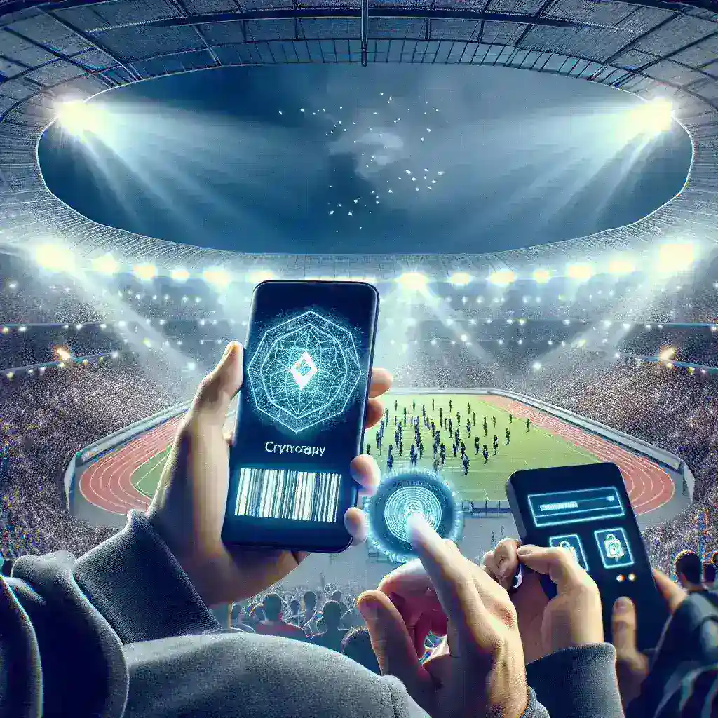 "Stadium attendees using mobile devices to access ticketing information, showcasing on-device ticket cryptography technology aimed at reducing barcode fraud."