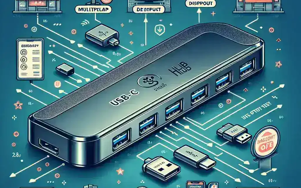 "USB-C hub with multi-display output showcasing multiple ports, ideal for enhancing productivity, featured in discounted U.S. tech shops."