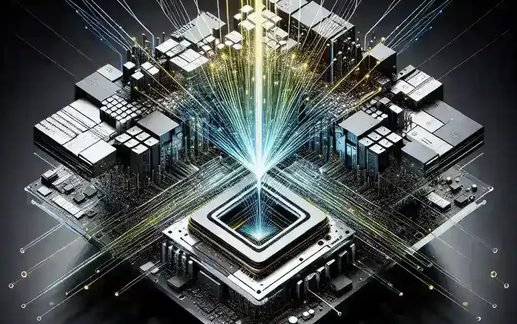 "Close-up image of a computer workstation showcasing advanced graphics hardware featuring Blackwell's 4th Gen RT Cores, illustrating enhancements in ray tracing technology for high-performance rendering."